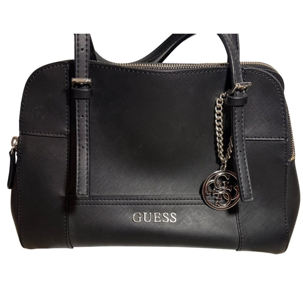 GUESS Huntley Cali Structured Satchel Handbag Dual Handles Charm Accent Black